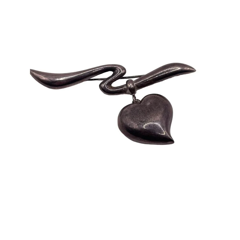 Vintage Sterling Silver 925 Puffy Dangle Heart Hollow Ribbon Brooch Pin 9g‎ MCM